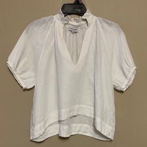 Olivia James The Label Women’s White V-Neck Ruffle Popover Linen Blouse Medium